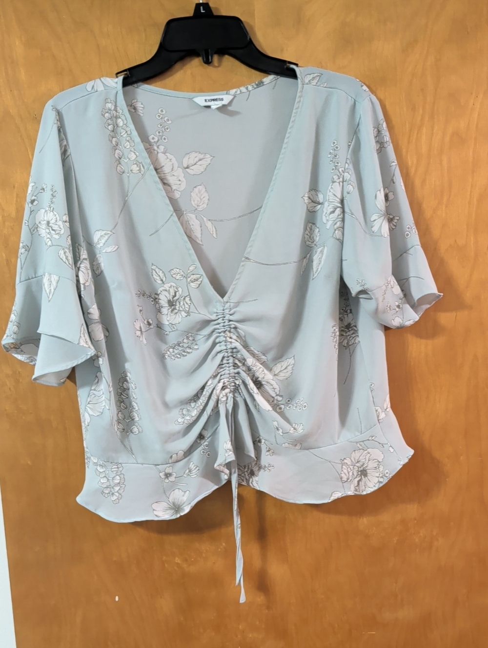 Express Women's Light Sage Floral Ruched V-Neck Blouse